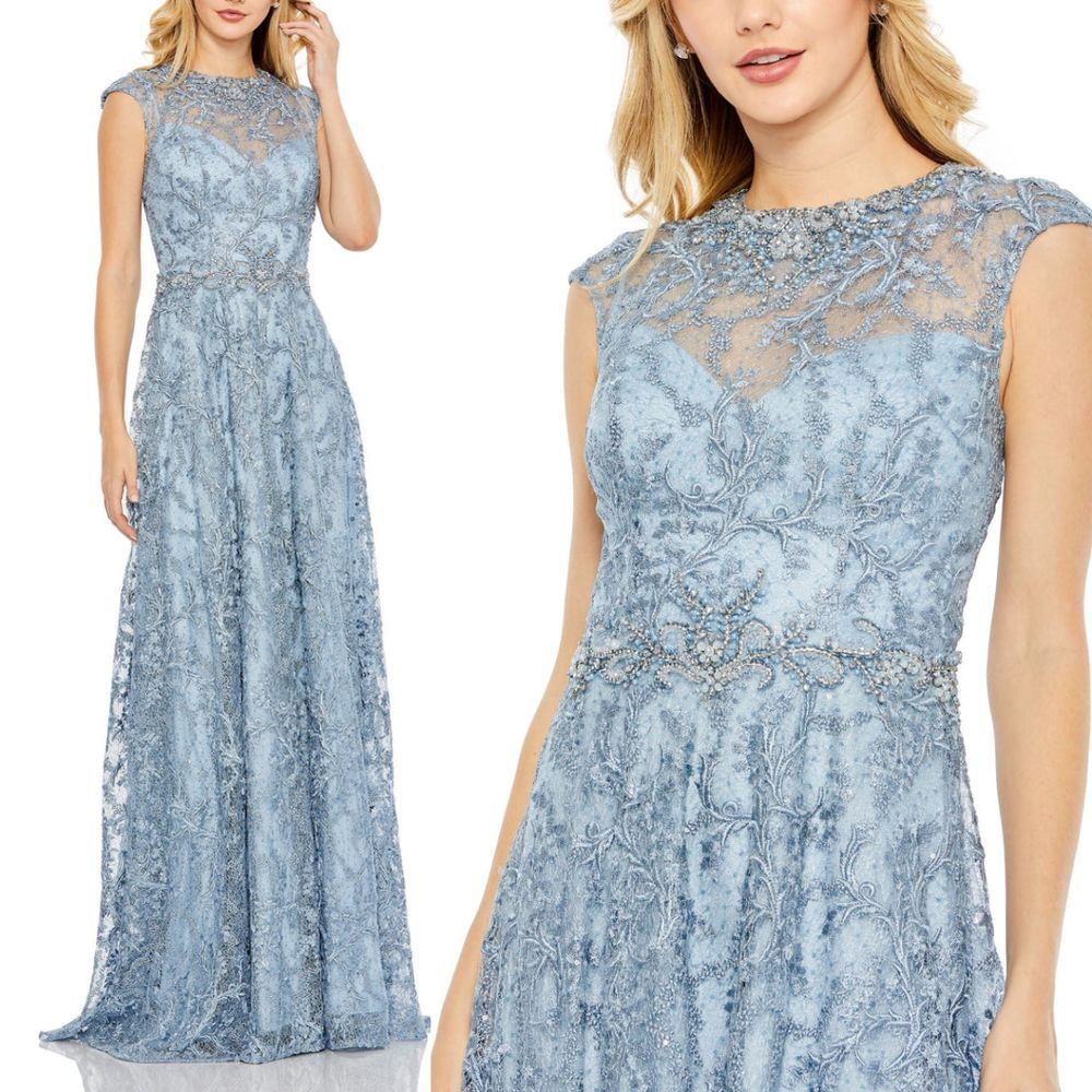 Mac Duggal Slate Blue Embroidered Cap Sleeve A-Line Beaded Gown‎ $798 Size 8